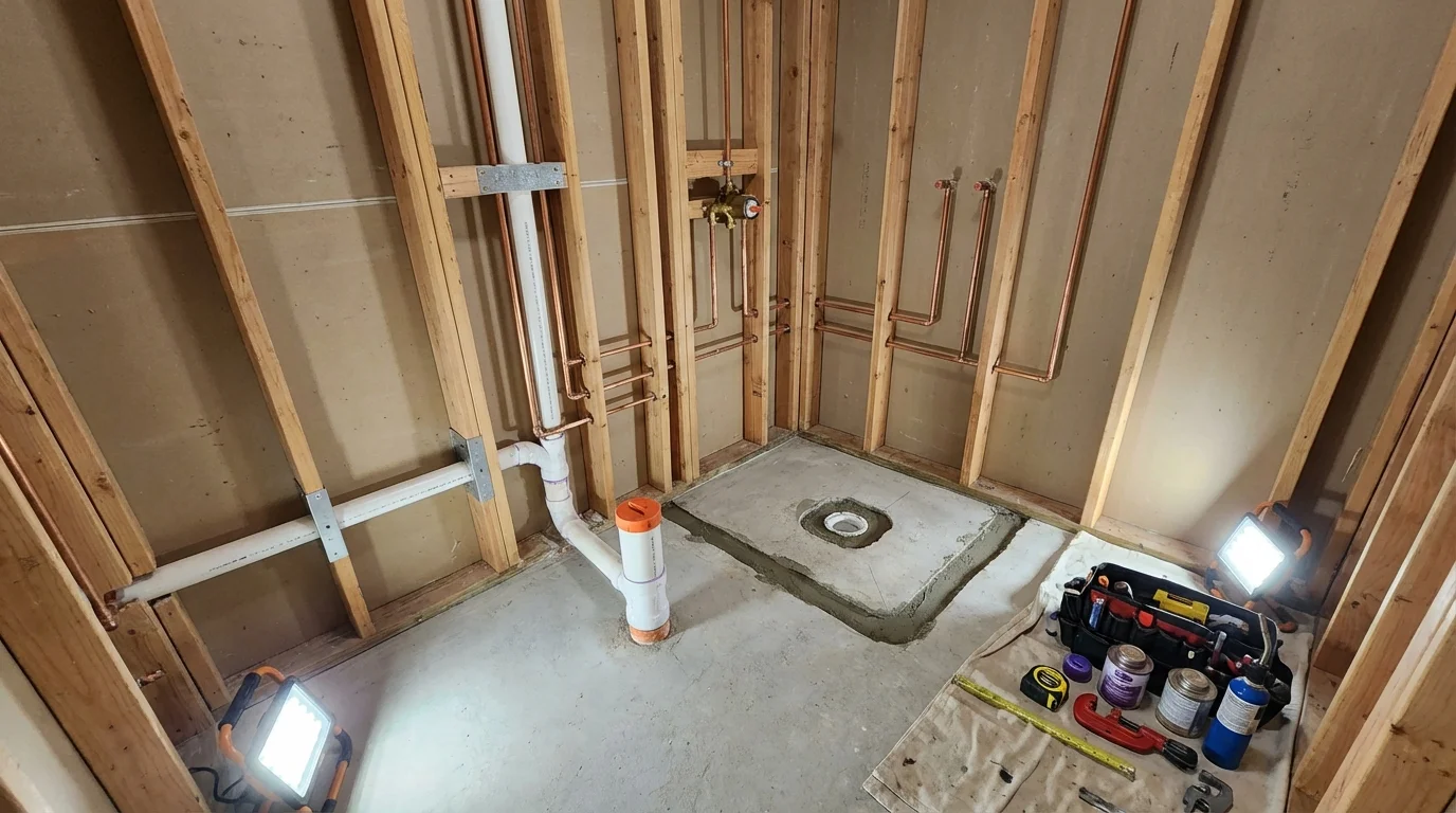 Bathroom rough-in plumbing during remodel by Johns Plumbing LLC in Rock Port