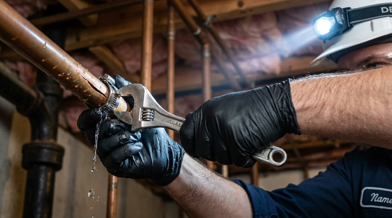 Emergency pipe clamp repair being performed by a Johns Plumbing LLC plumber in Rock Port