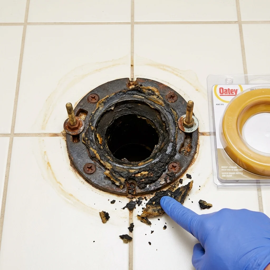Failed wax ring showing water seepage at the base of a toilet in a Rock Port, MO home