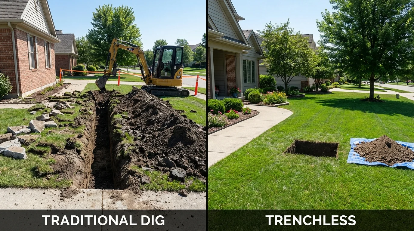 Trenchless sewer repair with minimal yard damage versus traditional excavation in Rock Port, MO