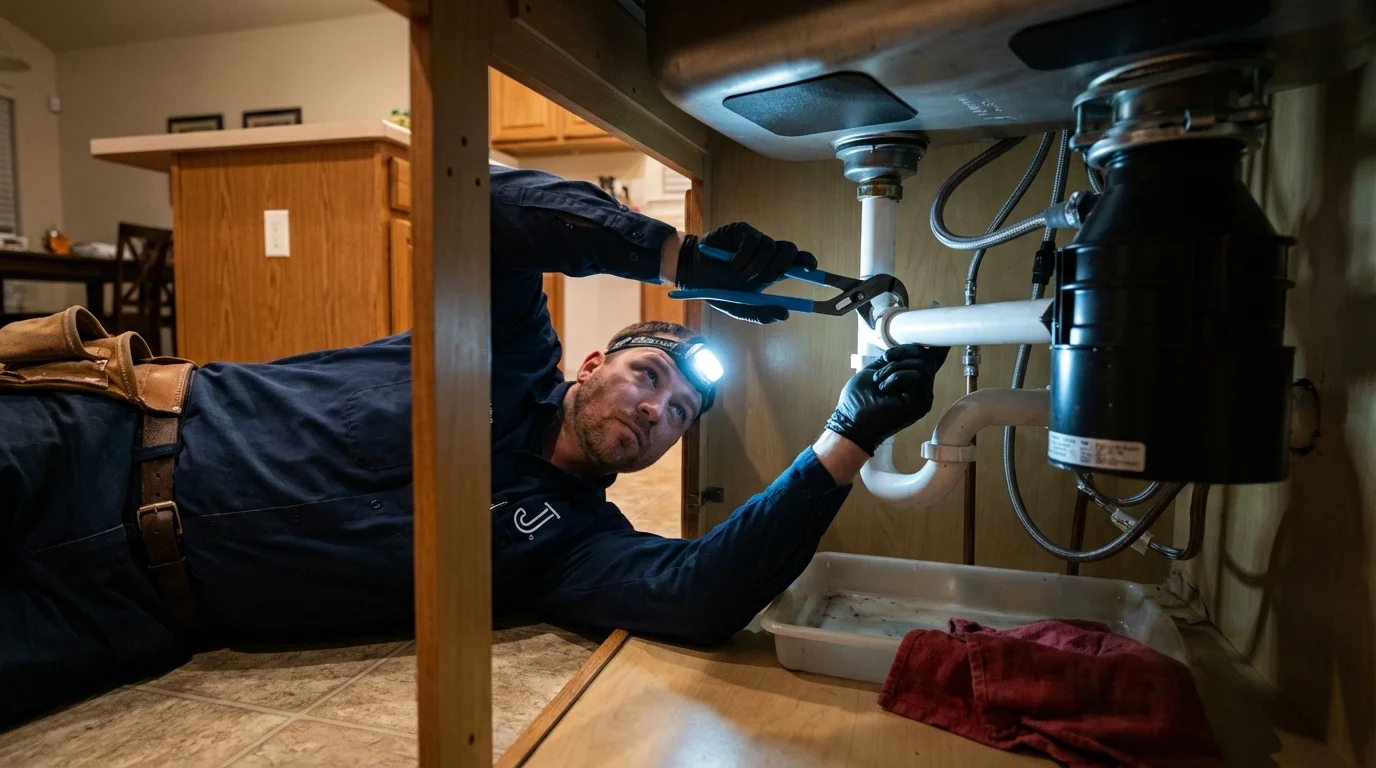 P-trap and supply line connections under a kitchen sink showing a common leak point in Rock Port, MO